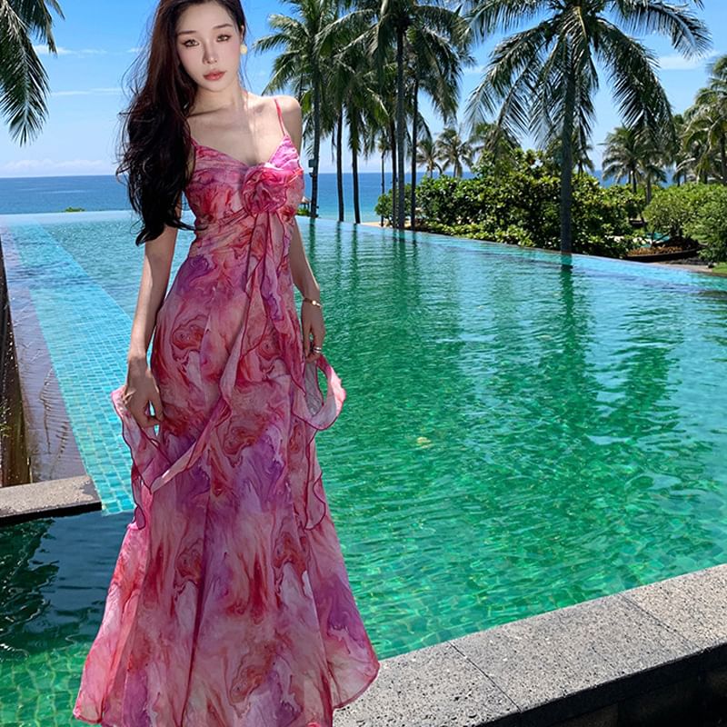 Midi Trim Tie Strap Sundress Accent Ruffle Dye Flower Spaghetti A-Line