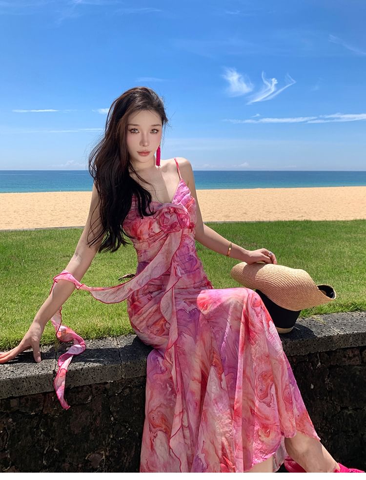 Midi Trim Tie Strap Sundress Accent Ruffle Dye Flower Spaghetti A-Line