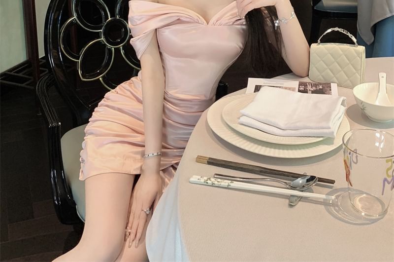 Off-Shoulder Mini Plain Ruched Cap-Sleeve Dress Sheath Asymmetrical