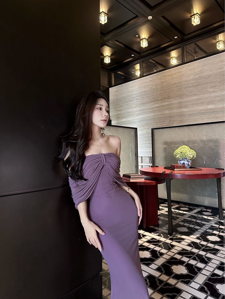 Strapless Midi Plain Bow Dress Sheath