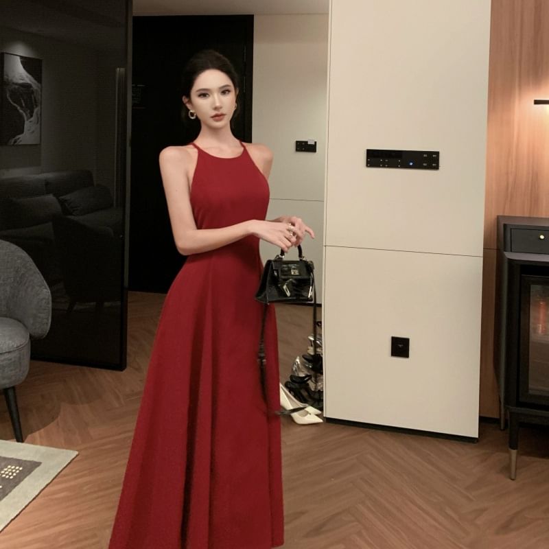 Dress Spaghetti A-Line Plain Strap Midi