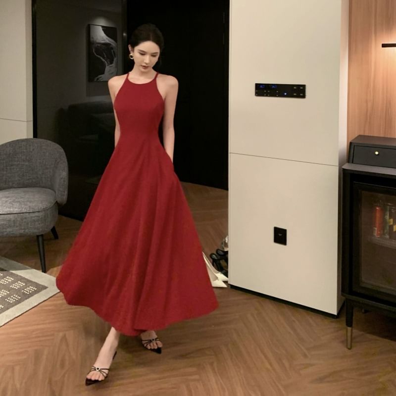 Dress Spaghetti A-Line Plain Strap Midi