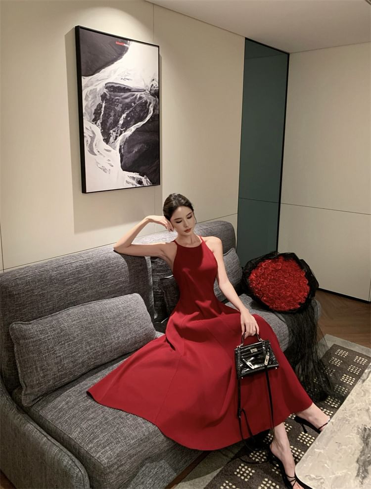 Dress Spaghetti A-Line Plain Strap Midi