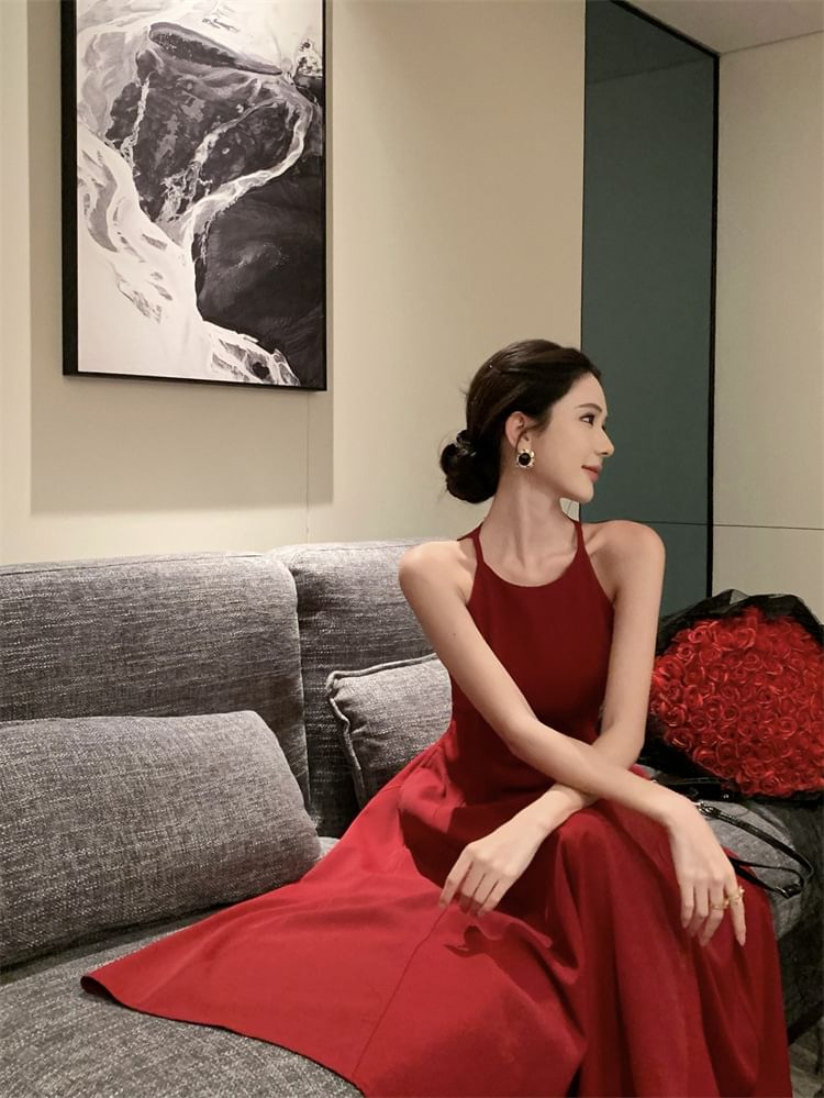 Dress Spaghetti A-Line Plain Strap Midi