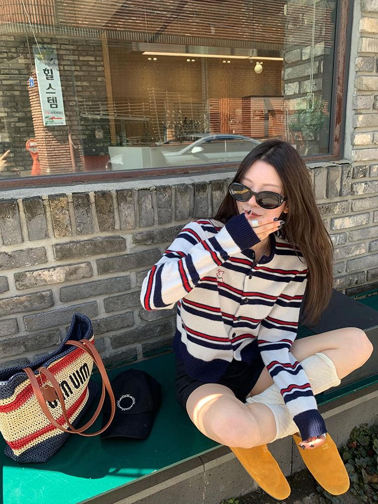 Striped Round Neck Crop Knit Jacket