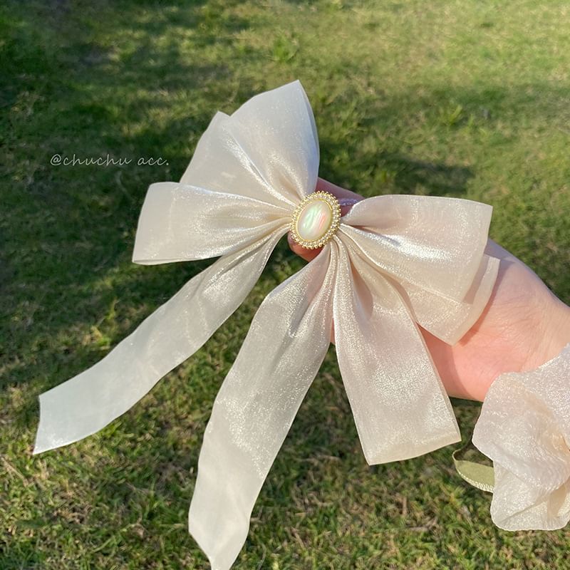 Faux Pearl Accent Ribbon Bow Hair Clip