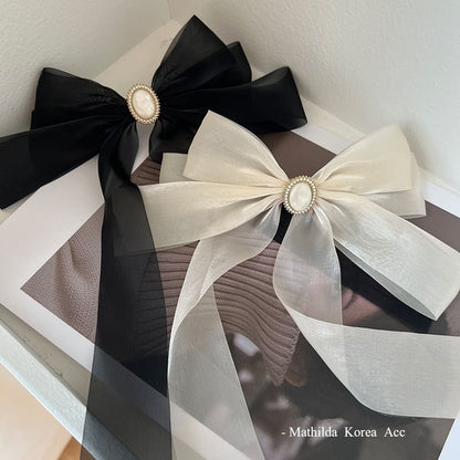 Faux Pearl Accent Ribbon Bow Hair Clip