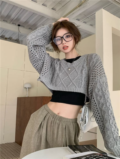 Crewneck Cable Knit Plain Crop Sweater