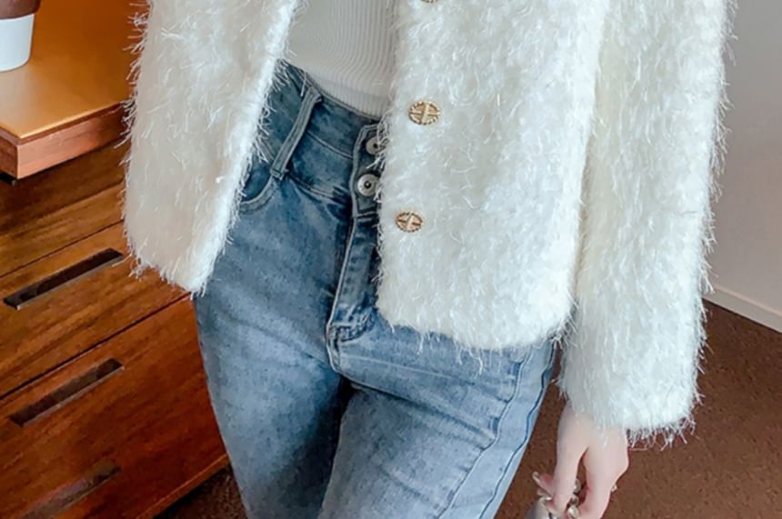 Crew Neck Plain Button-Up Tweed Jacket