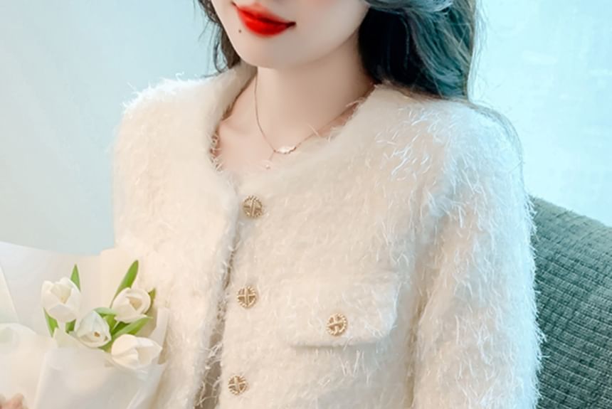 Crew Neck Plain Button-Up Tweed Jacket