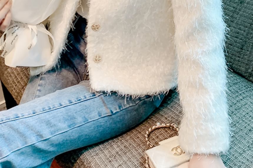 Crew Neck Plain Button-Up Tweed Jacket