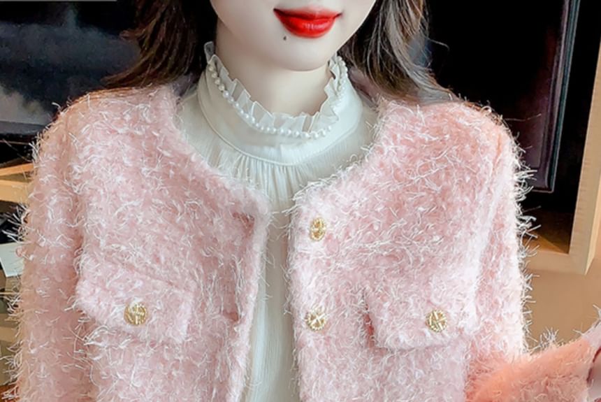 Crew Neck Plain Button-Up Tweed Jacket