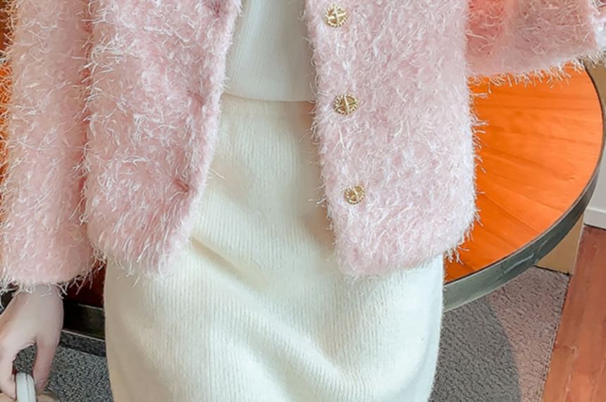 Crew Neck Plain Button-Up Tweed Jacket