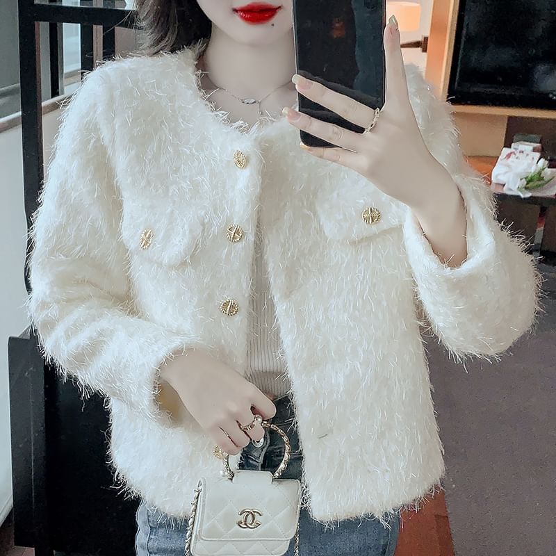 Crew Neck Plain Button-Up Tweed Jacket