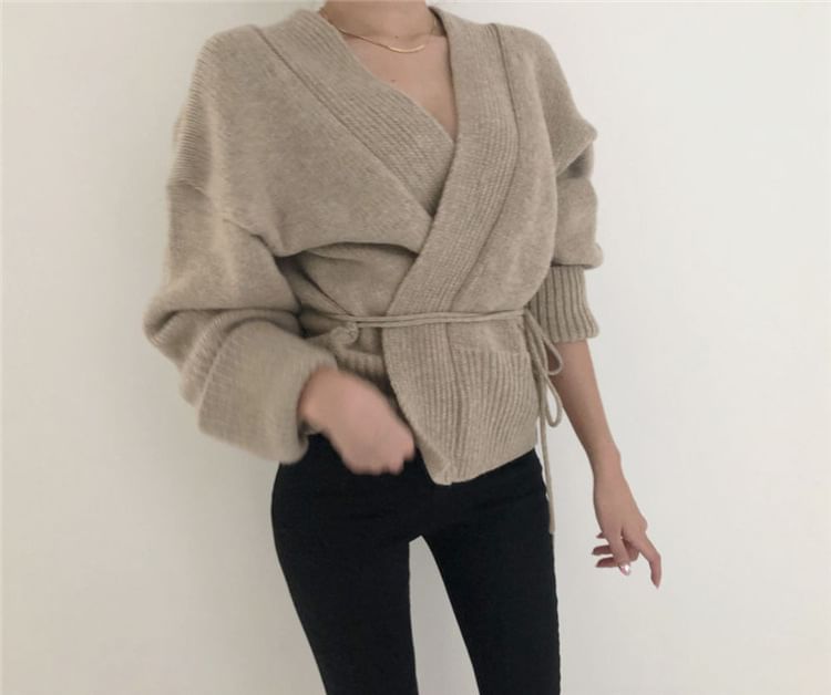 Wrapped V-Neck Knit Cardigan with Sash