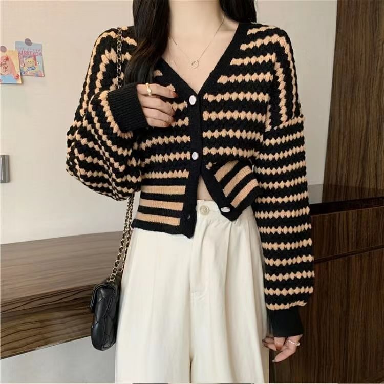 Striped V-Neck Cropped Knit Cardigan