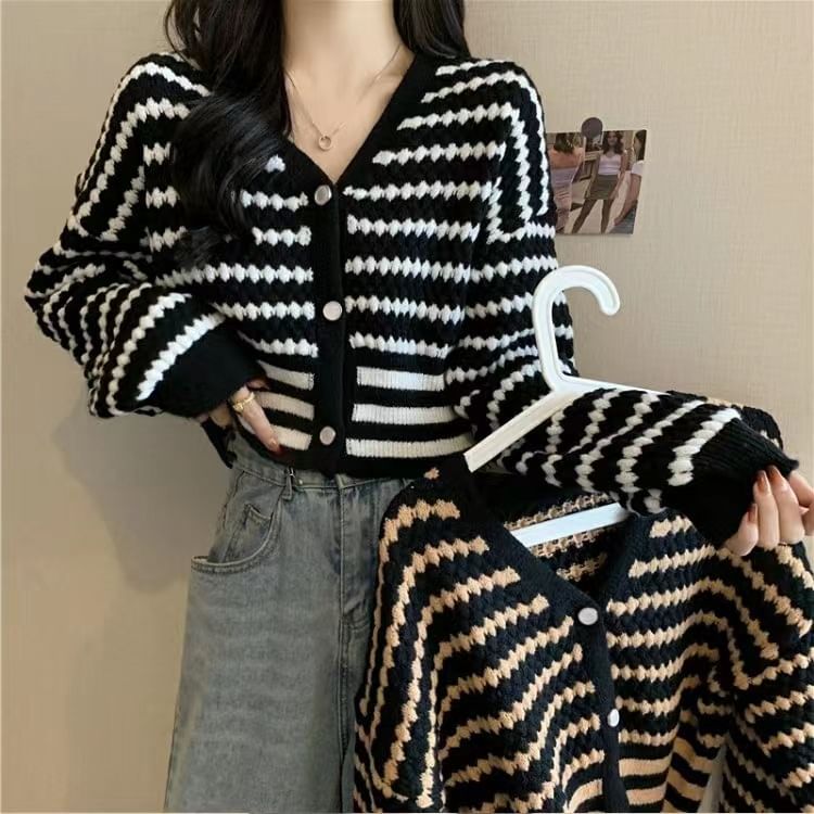 Striped V-Neck Cropped Knit Cardigan