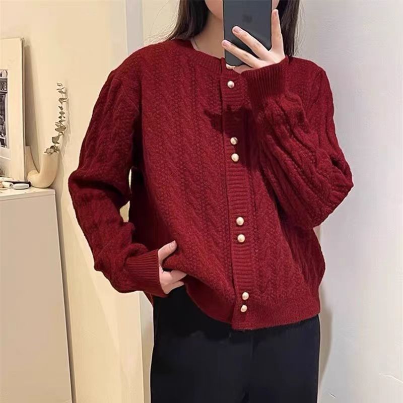 Cable Knit Round Neck Solid Cardigan