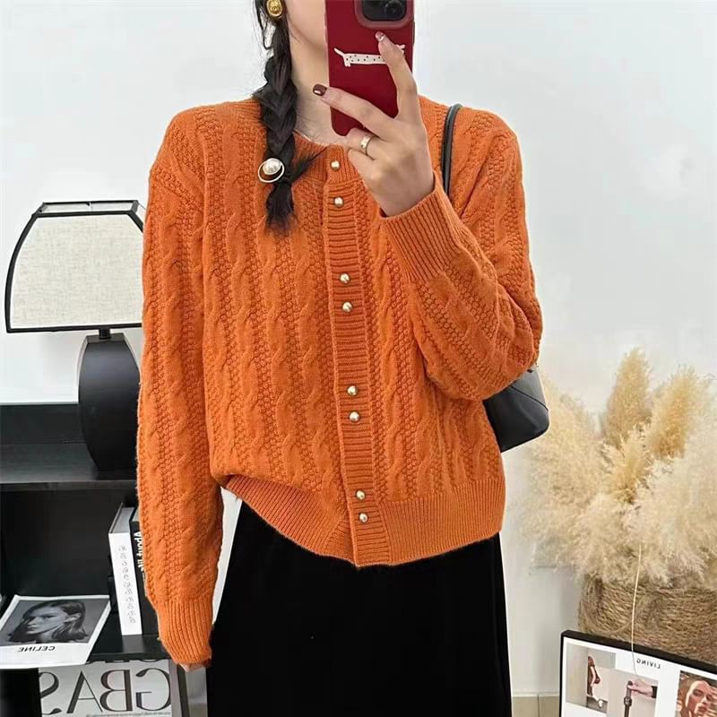 Cable Knit Round Neck Solid Cardigan