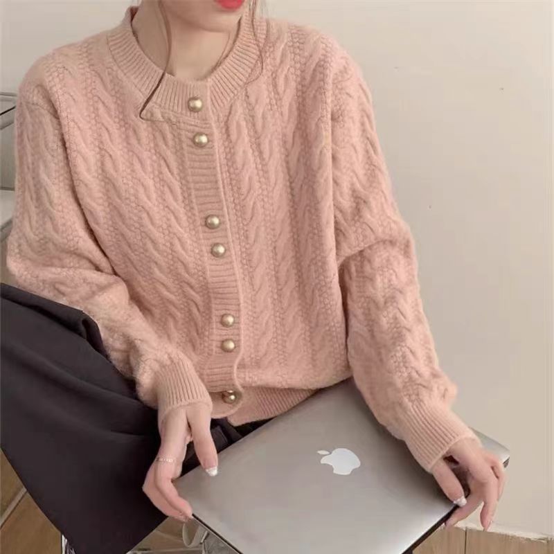 Cable Knit Round Neck Solid Cardigan