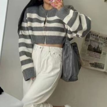 Striped Round Neck Cropped Zip Cardigan
