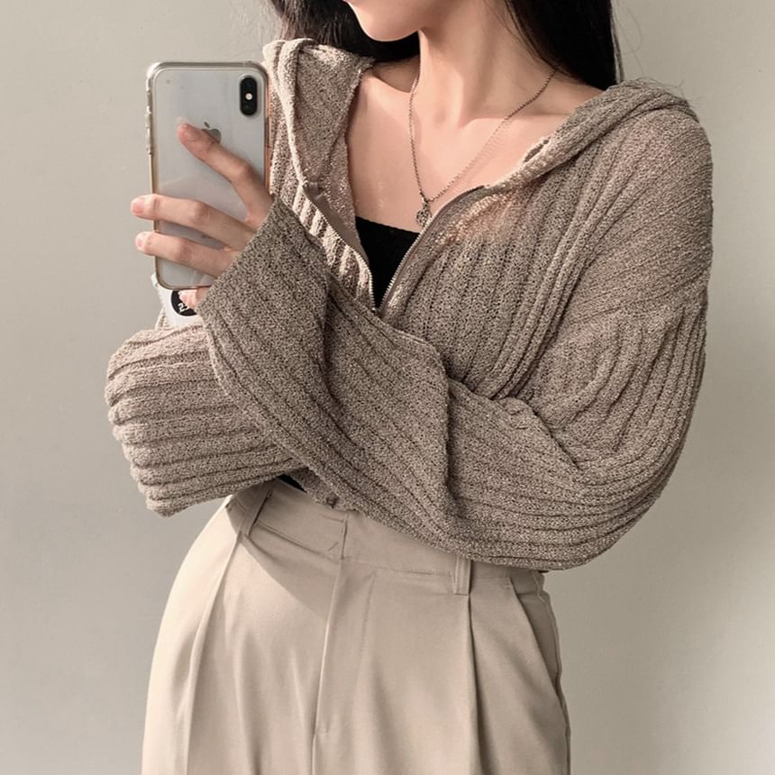 Hooded Cropped Zip-Front Cardigan