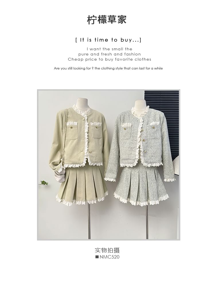 Set: Lace-Trim Tweed Jacket + Pleated Mini A-Line Skirt