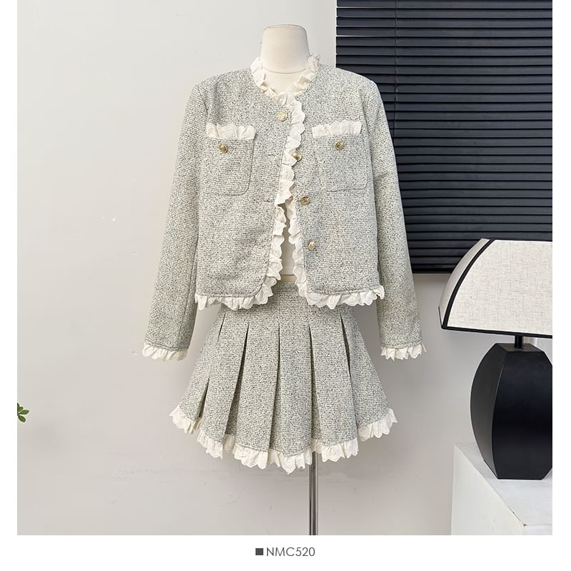 Set: Lace-Trim Tweed Jacket + Pleated Mini A-Line Skirt