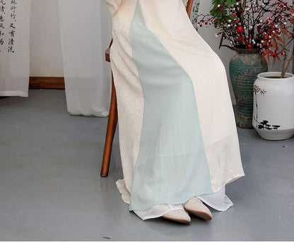 Flared-Sleeve Two Tone Maxi Hanfu Dress / Mid Rise Plain Wide Leg Pants