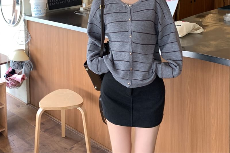 Crew Neck Striped Knit Cardigan