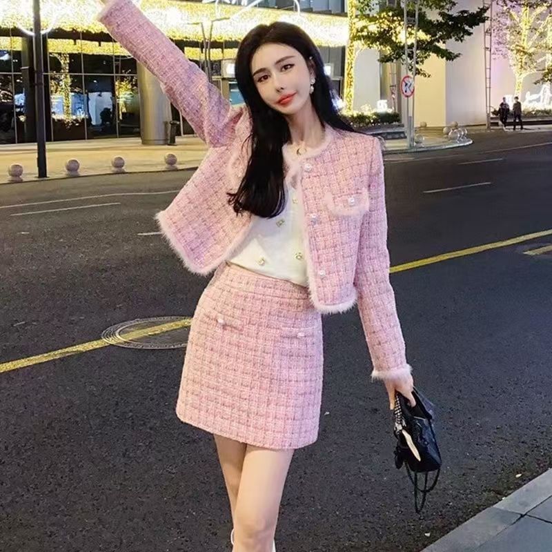 Set: Plaid Fluffy Trim Tweed Button Jacket + High Waist Mini Pencil Skirt