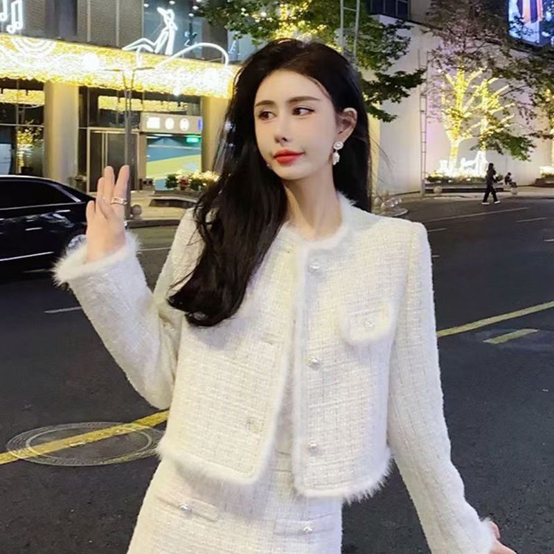 Set: Plaid Fluffy Trim Tweed Button Jacket + High Waist Mini Pencil Skirt