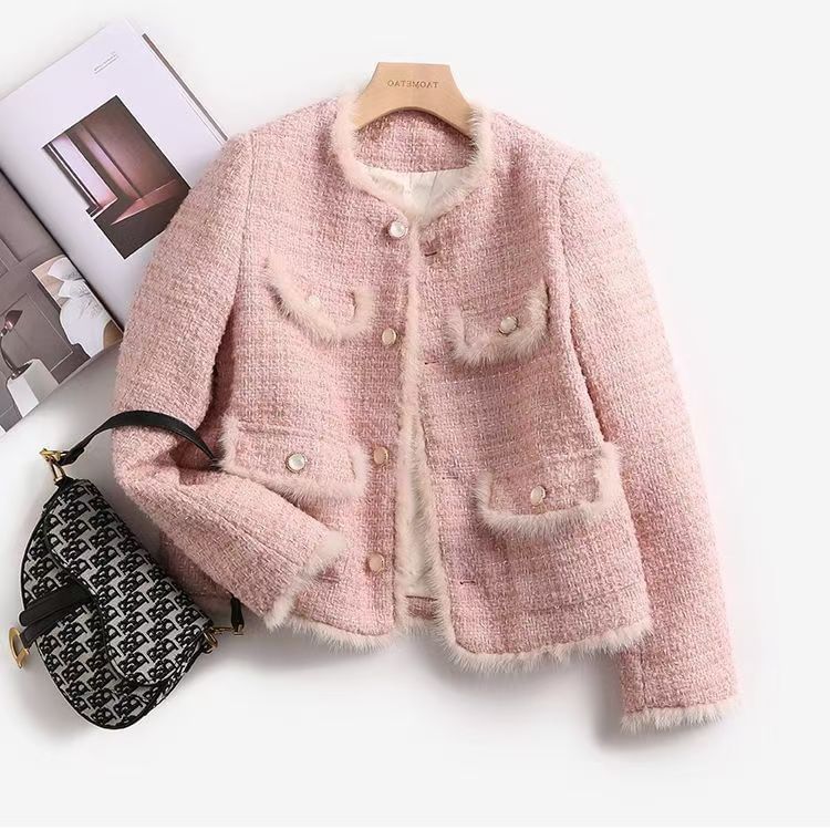 Set: Plaid Fluffy Trim Tweed Button Jacket + High Waist Mini Pencil Skirt