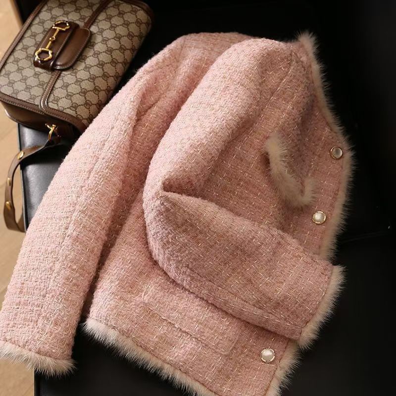 Set: Plaid Fluffy Trim Tweed Button Jacket + High Waist Mini Pencil Skirt