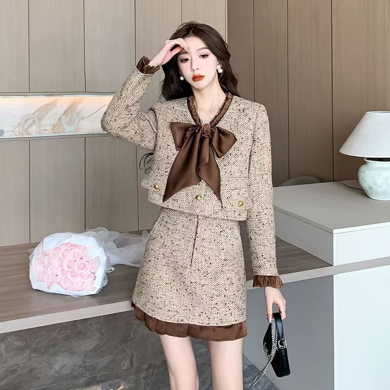 Set: Bow Tweed Cropped Button Jacket + High Waist Frill Trim Mini Pencil Skirt