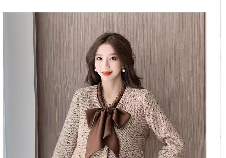 Set: Bow Tweed Cropped Button Jacket + High Waist Frill Trim Mini Pencil Skirt