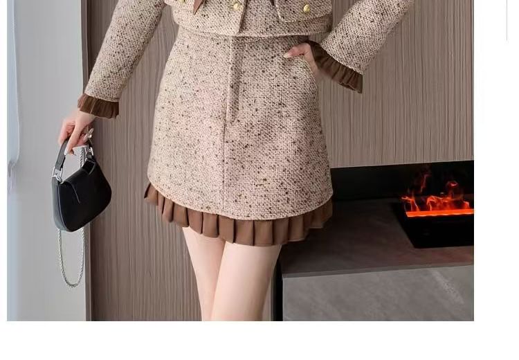 Set: Bow Tweed Cropped Button Jacket + High Waist Frill Trim Mini Pencil Skirt