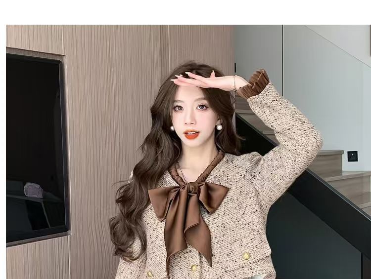 Set: Bow Tweed Cropped Button Jacket + High Waist Frill Trim Mini Pencil Skirt