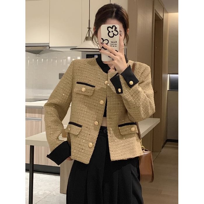 Contrast Trim Tweed Button Jacket