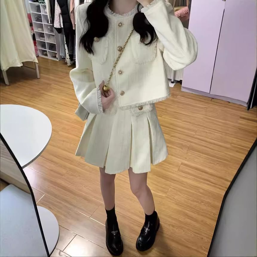 Set: Fringed Tweed Cropped Button Jacket + High Waist Pleated Mini A-Line Skirt