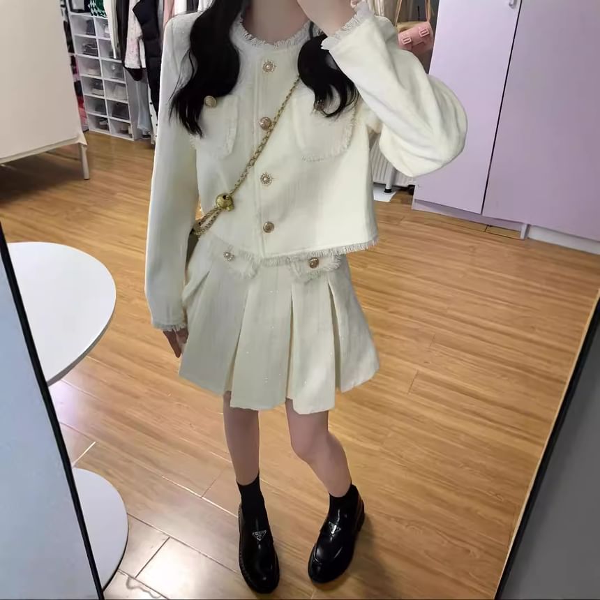 Set: Fringed Tweed Cropped Button Jacket + High Waist Pleated Mini A-Line Skirt