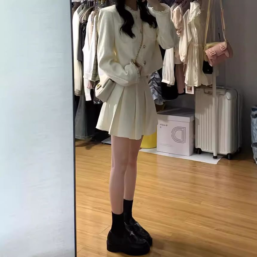 Set: Fringed Tweed Cropped Button Jacket + High Waist Pleated Mini A-Line Skirt