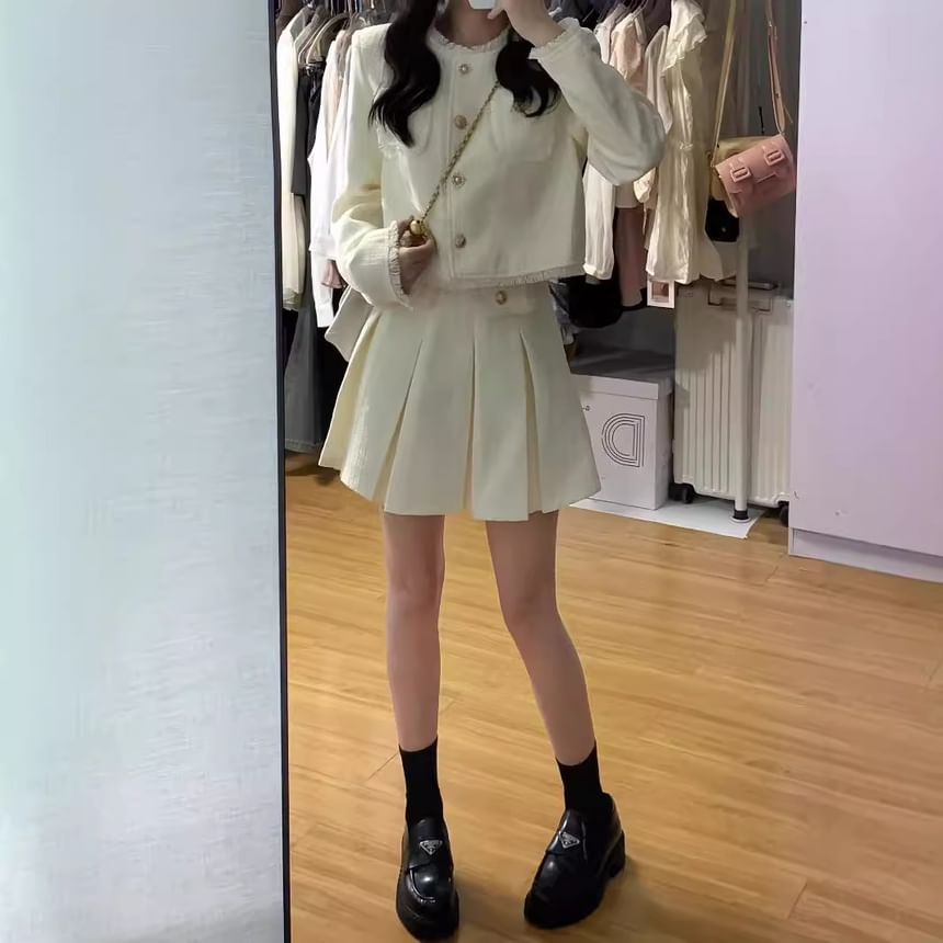 Set: Fringed Tweed Cropped Button Jacket + High Waist Pleated Mini A-Line Skirt