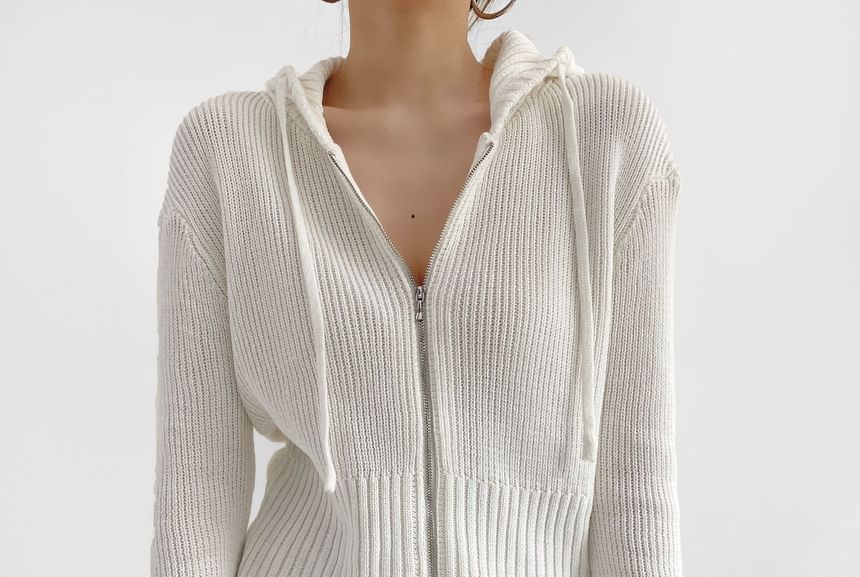 Long Sleeve Solid Ribbed Zip-Up Knit Jacket