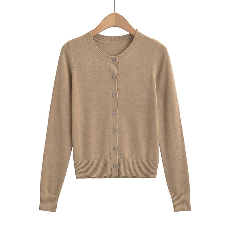 Classic Button-Front Crewneck Knit Cardigan