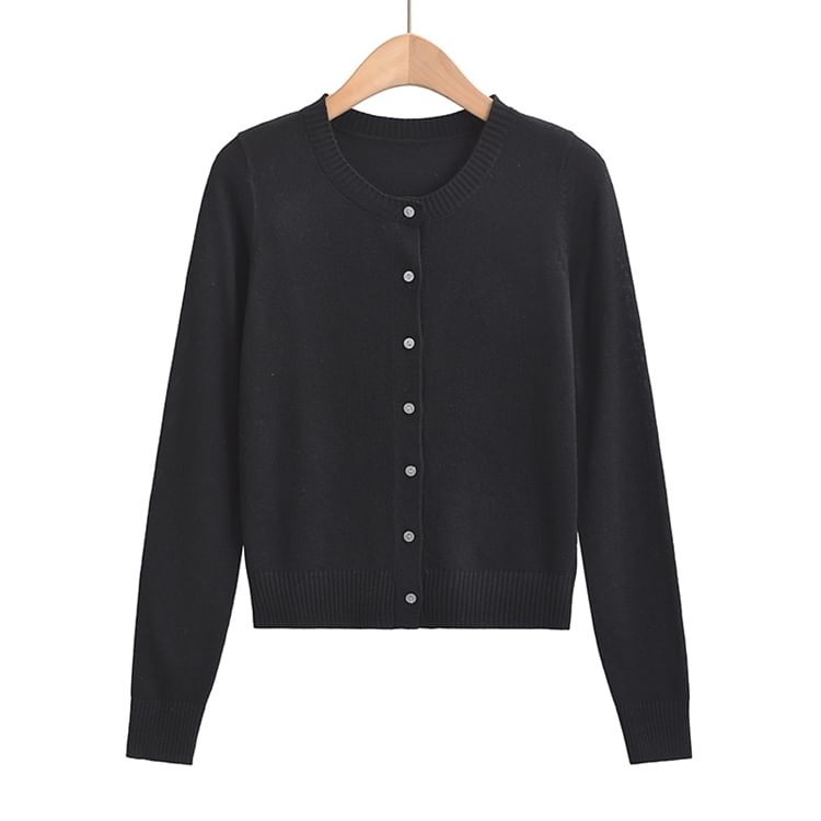 Classic Button-Front Crewneck Knit Cardigan