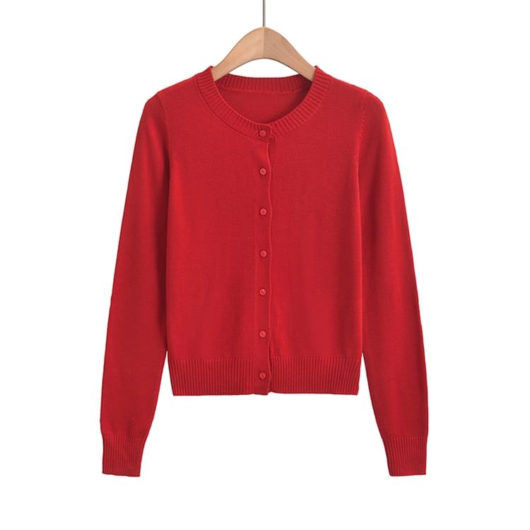 Classic Button-Front Crewneck Knit Cardigan