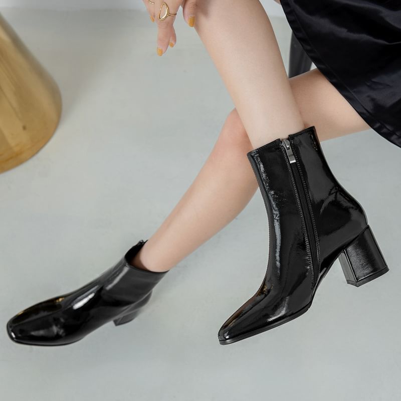 Plain Heel Leather Chunky Zip-Up Patent Short Boots