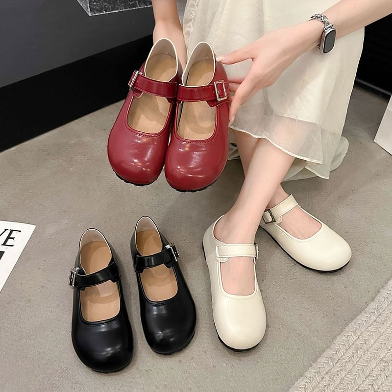 Jane Round Leather Faux Plain Flats Mary Buckled Toe