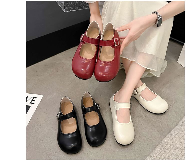 Jane Round Leather Faux Plain Flats Mary Buckled Toe